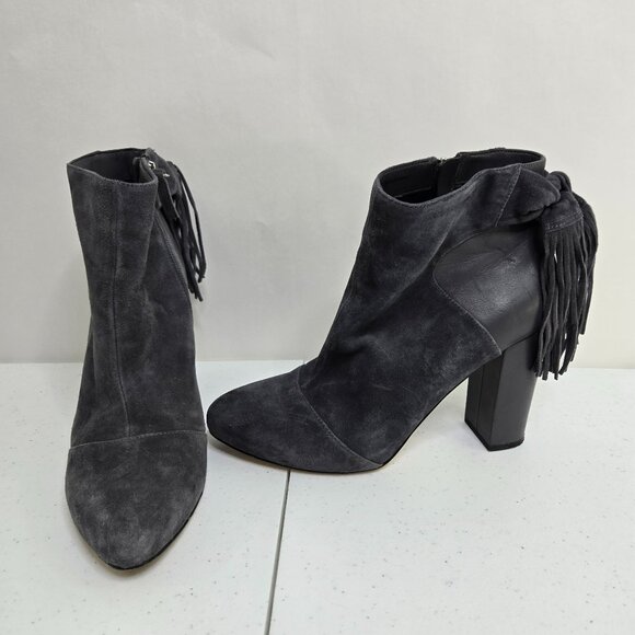 White House Black Market Womens 10 M Gray Suede Ankle Boots Fringe Heels Booties - Picture 1 of 9
